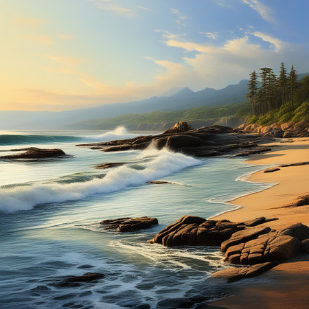 The Mesmerizing Display of Ocean Waves and Sea Rocks in a Beach Coveの素材