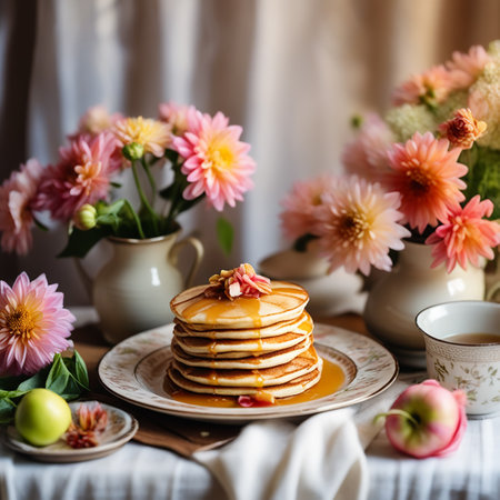 Cozy Homemade Breakfast Pancakes with Apple Sauce, Vintage Dishes, and Dahlias Bouquet on a Retro Tableclothの素材