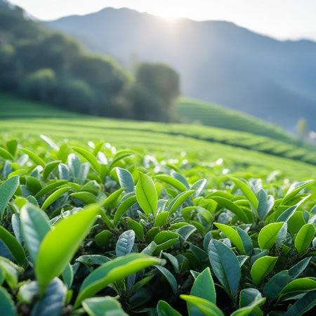 Green Tea Bud and Leaves. Green Tea Plantations in Morningの素材