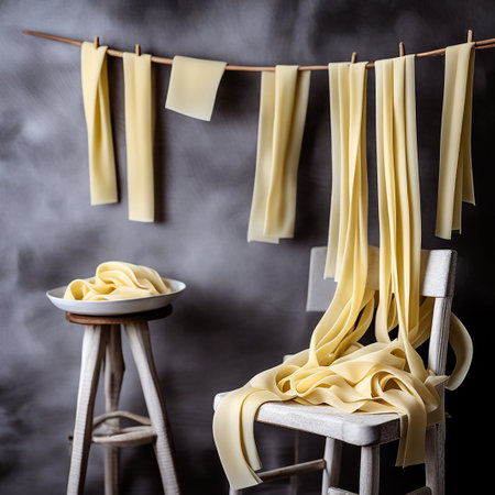 Homemade Pasta Drying on Chair against Dark Background - Closeの素材