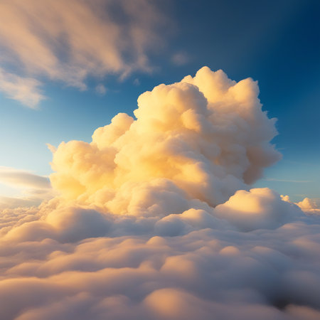Blue Fluffy Cloud Giant in a Golden-Lit Blue Skyの素材