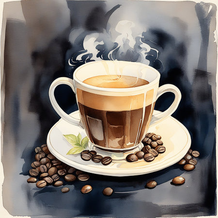 Caffeine in Colors: Vibrant Watercolor Illustration of Hot Coffeeの素材