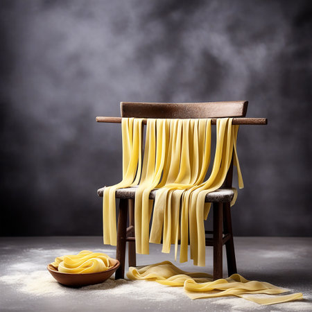 Homemade Pasta Drying on Chair against Dark Background - Closeの素材