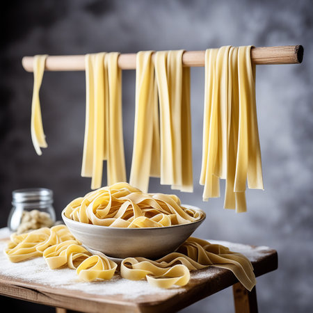Homemade Pasta Drying on Chair against Dark Background - Closeの素材