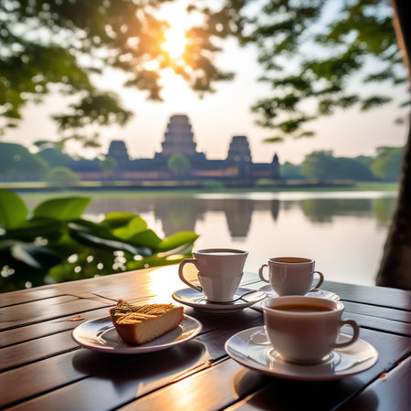 Morning Serenity: Coffee Amidst the Majestic Angkor Watの素材