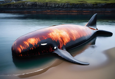 A beached whale lies lifeless on a North Atlantic shore, its body visibly stained by oil, symbolizing marine pollution.の素材