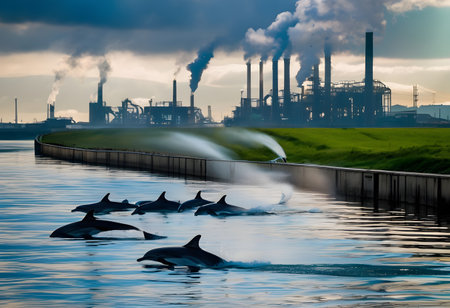 A pod of dolphins swims near a coastline lined with industrial factories, the water clouded with pollution.の素材
