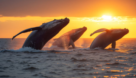 A pod of humpback whales breaching under a golden sunset, their tails creating splashes in the calm, serene ocean.の素材