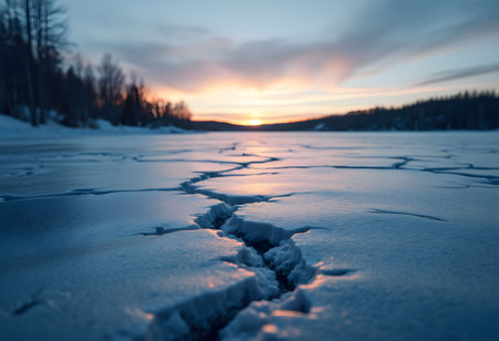 A low-angle view from the frozen lake edge, with cracks in the ice drawing the eye toward a glowing night sky.の素材