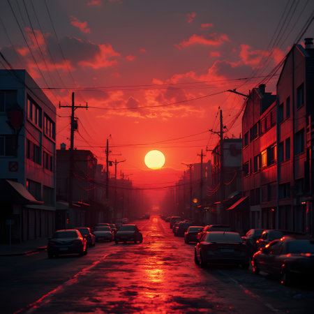 A stunning red sunset reflecting over calm, tranquil waters, creating a serene and peaceful landscape.の素材