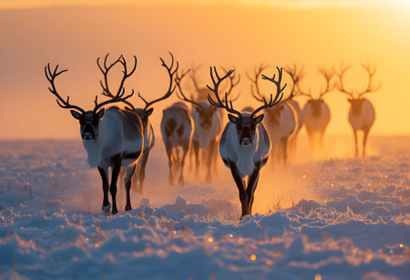 A breathtaking scene of wild reindeer walking across a glowing, snow-covered tundra, bathed in the warm golden light of sunrise.の素材