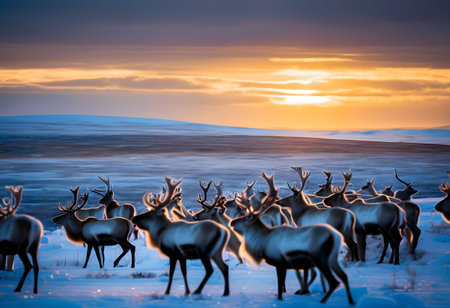 A herd of reindeer crosses the Arctic tundra at twilight, with a golden sky and plastic waste clinging to plants.の素材