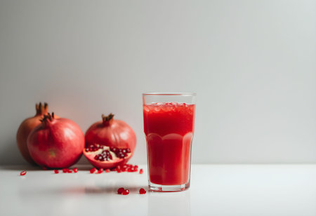 A freshly made glass of pomegranate juice, rich in antioxidants, set in a pristine white environment for a clean, refreshing experience.の素材