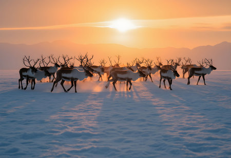 A breathtaking scene of wild reindeer walking across a glowing, snow-covered tundra, bathed in the warm golden light of sunrise.の素材