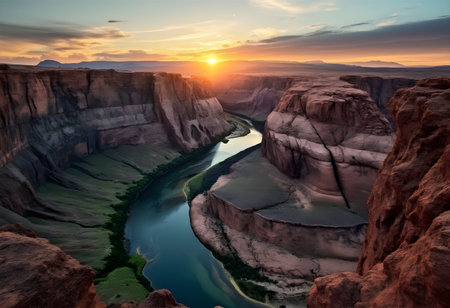 A winding river carves through a deep canyon at dawn, with golden sunlight casting long shadows over the rugged landscape.の素材