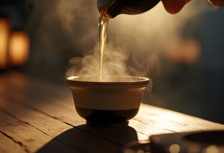 A cinematic close-up of warm sake being poured into a ceramic cup, with soft-focus Shoji lanterns and gentle steam rising.の素材