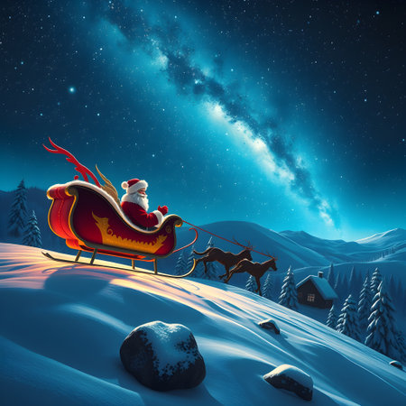 Santaâs sleigh, led by reindeer, soars across a snowy village under a moonlit sky, with twinkling stars above.の素材
