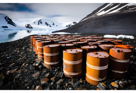 Rusted barrels containing oil and chemicals abandoned in the Antarctic wilderness, showcasing the environmental threat posed by industrial pollution.の素材
