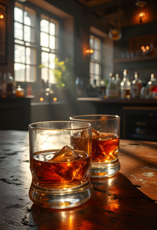 A rustic bar with a wooden counter, where sunlight streams through large windows, casting golden reflections on glasses filled with dark whisky.の素材
