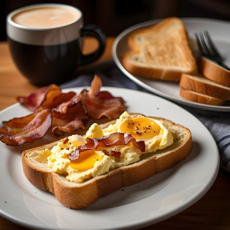 Enjoy a comforting breakfast plate featuring scrambled eggs, crispy bacon, toast, and a warm cafÃ© latte in a cozy setting.の素材