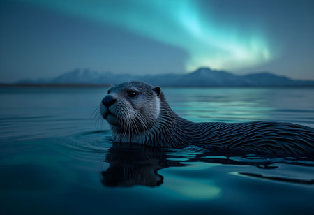 A tranquil sea otter floats calmly on the water beneath a twilight sky, illuminated by shimmering noctilucent clouds.の素材