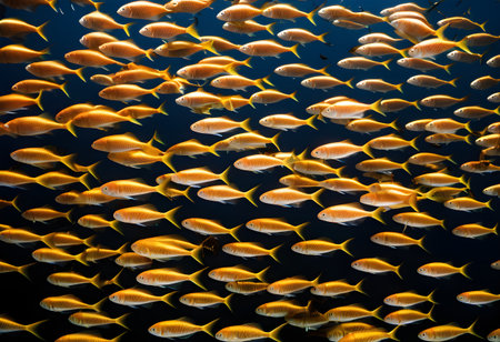 A mesmerizing shoal of fish moving in harmony, forming intricate patterns as they instinctively navigate the open sea to avoid predators.の素材