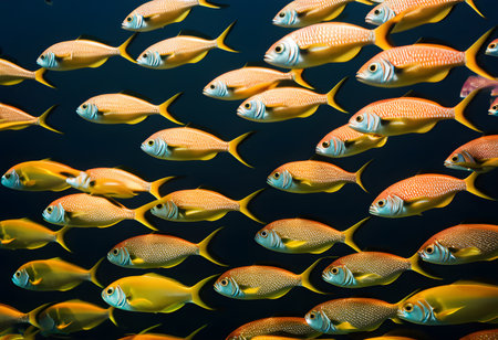 A mesmerizing shoal of fish moving in harmony, forming intricate patterns as they instinctively navigate the open sea to avoid predators.の素材