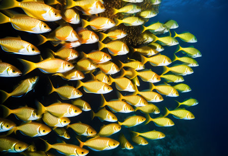 A mesmerizing shoal of fish moving in harmony, forming intricate patterns as they instinctively navigate the open sea to avoid predators.の素材