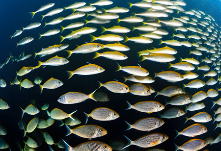 A mesmerizing shoal of fish moving in harmony, forming intricate patterns as they instinctively navigate the open sea to avoid predators.の素材