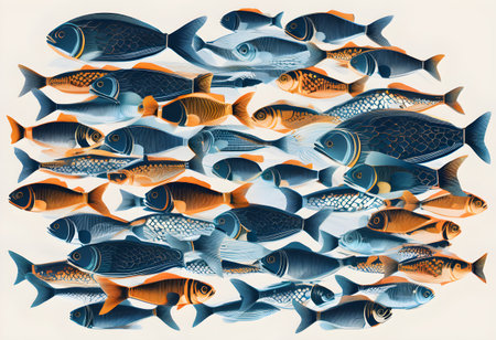 A mesmerizing shoal of fish moving in harmony, forming intricate patterns as they instinctively navigate the open sea to avoid predators.の素材