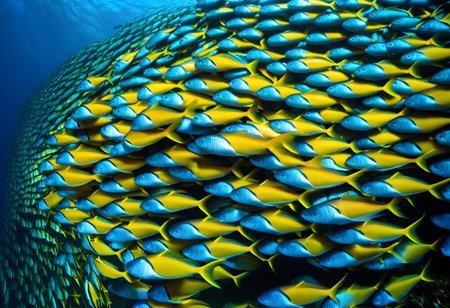 A mesmerizing shoal of fish moving in harmony, forming intricate patterns as they instinctively navigate the open sea to avoid predators.の素材