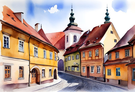 A charming watercolor of Sibiuâs Old Town, showcasing colorful houses with steep roofs and the iconic âeyes of Sibiuâ dormer windows. The scene captures the unique character of this historic town.の素材