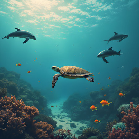 A solitary sea turtle traverses the expansive ocean, encountering playful dolphins, colorful coral reefs, and curious fish in its path.の素材