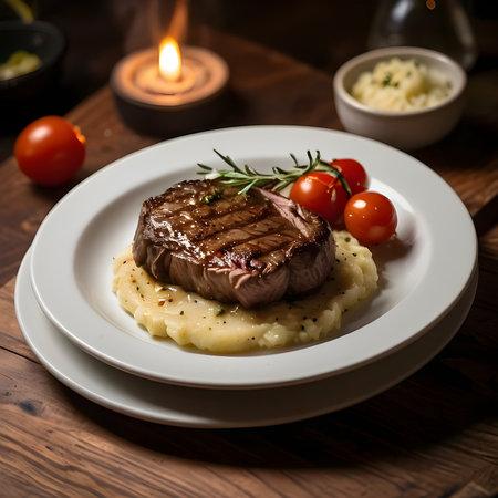A perfectly seared ribeye steak topped with rosemary and garlic, served on a rustic wooden board with roasted cherry tomatoes, garlic cloves, and mashed potatoes.の素材