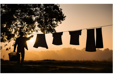 A peaceful silhouette of a person hanging laundry during golden hour, bathed in warm sunlight, evoking nostalgia and simplicity.の素材