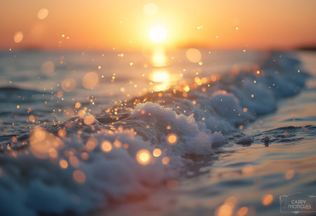 Gentle waves rolling across the shore at sunset, with sparkling bokeh created by light reflecting off the waterâs surface.の素材