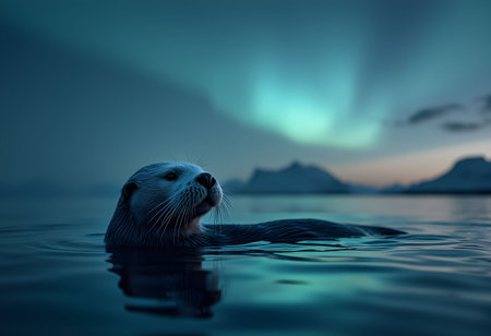 A tranquil sea otter floats calmly on the water beneath a twilight sky, illuminated by shimmering noctilucent clouds.の素材