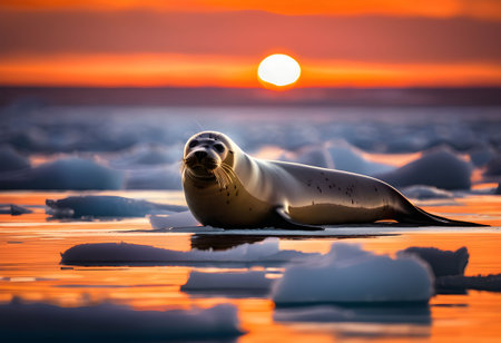 A seal lounges on a shrinking ice floe at sunset, bathed in orange light, while discarded fishing nets float nearby.の素材