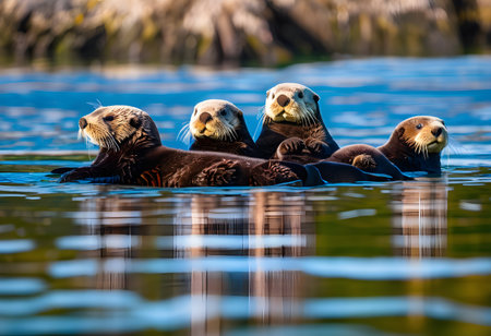 A family of sea otters peacefully floating together on a kelp bed near the shoreline, surrounded by calm, clear waters.の素材