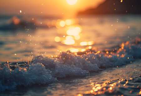 Gentle waves rolling across the shore at sunset, with sparkling bokeh created by light reflecting off the waterâs surface.の素材