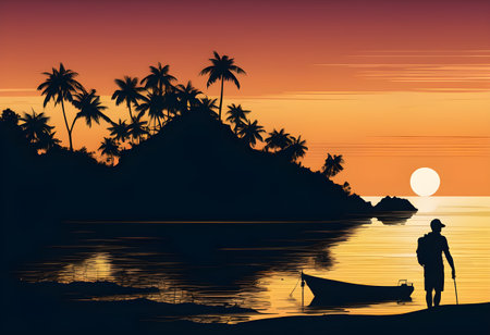 A person silhouetted as they explore a remote and tranquil island, capturing the essence of solitude and adventure.の素材