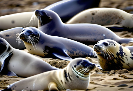 Seals with visible scars and injuries caused by entanglement in discarded marine waste, highlighting the devastating impact of pollution.の素材