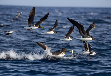 Seabirds struggle to fly over oil-slicked Atlantic waters, highlighting the devastating impact of pollution on marine and bird life.の素材