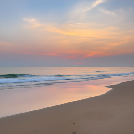 A peaceful beach at sunrise showcasing soft pastel skies and gentle reflections, perfect for serene and tranquil nature compositions.の素材