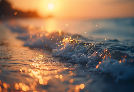 Gentle waves rolling across the shore at sunset, with sparkling bokeh created by light reflecting off the waterâs surface.の素材