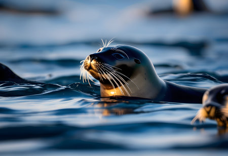 Seals swim through murky Antarctic waters, with sunlight struggling to penetrate the polluted surface, reflecting environmental degradation.の素材