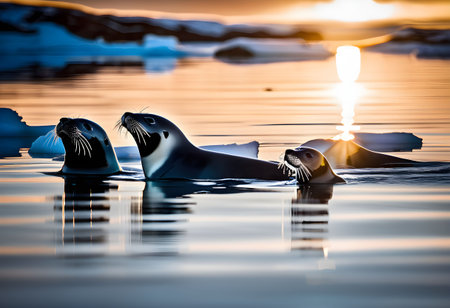 A family of seals swims through Antarctic waters at noon, with oil patches tainting the clear water, reflecting sunlight.の素材