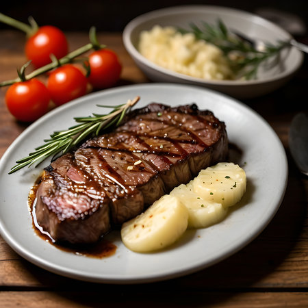 A perfectly seared ribeye steak topped with rosemary and garlic, served on a rustic wooden board with roasted cherry tomatoes, garlic cloves, and mashed potatoes.の素材