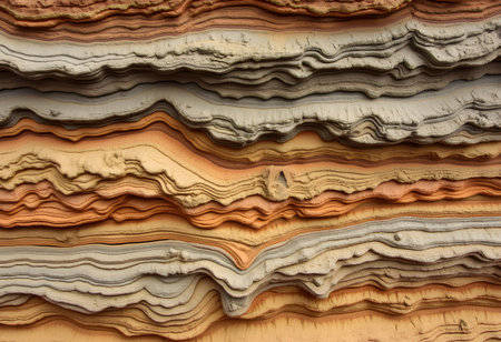 A close-up view of sedimentary rock layers, revealing intricate textures and natural colors shaped by centuries of geological processes.の素材