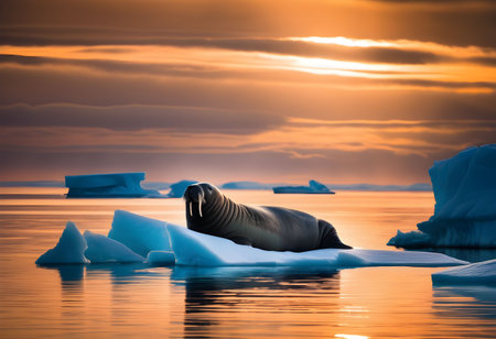 Sunset Over a Shrinking Ice Floe with a Seal Relaxing and Discarded Fishing Nets in the Waterの素材